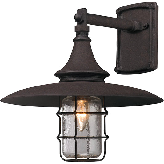 Allegheny Wall Lantern by Troy in centennial rust. Made from hand forged iron in a modern style.