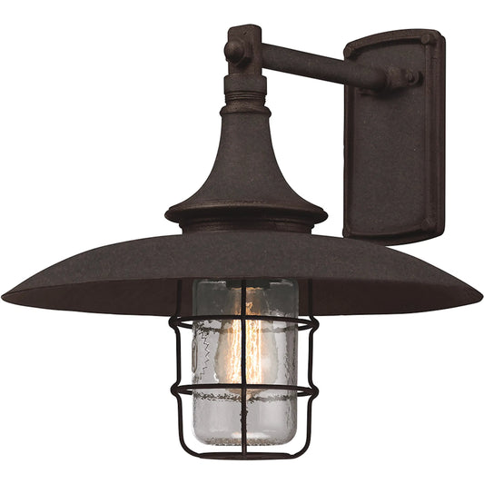 Allegheny Wall Lantern by Troy in centennial rust. Made from hand forged iron in a modern style.