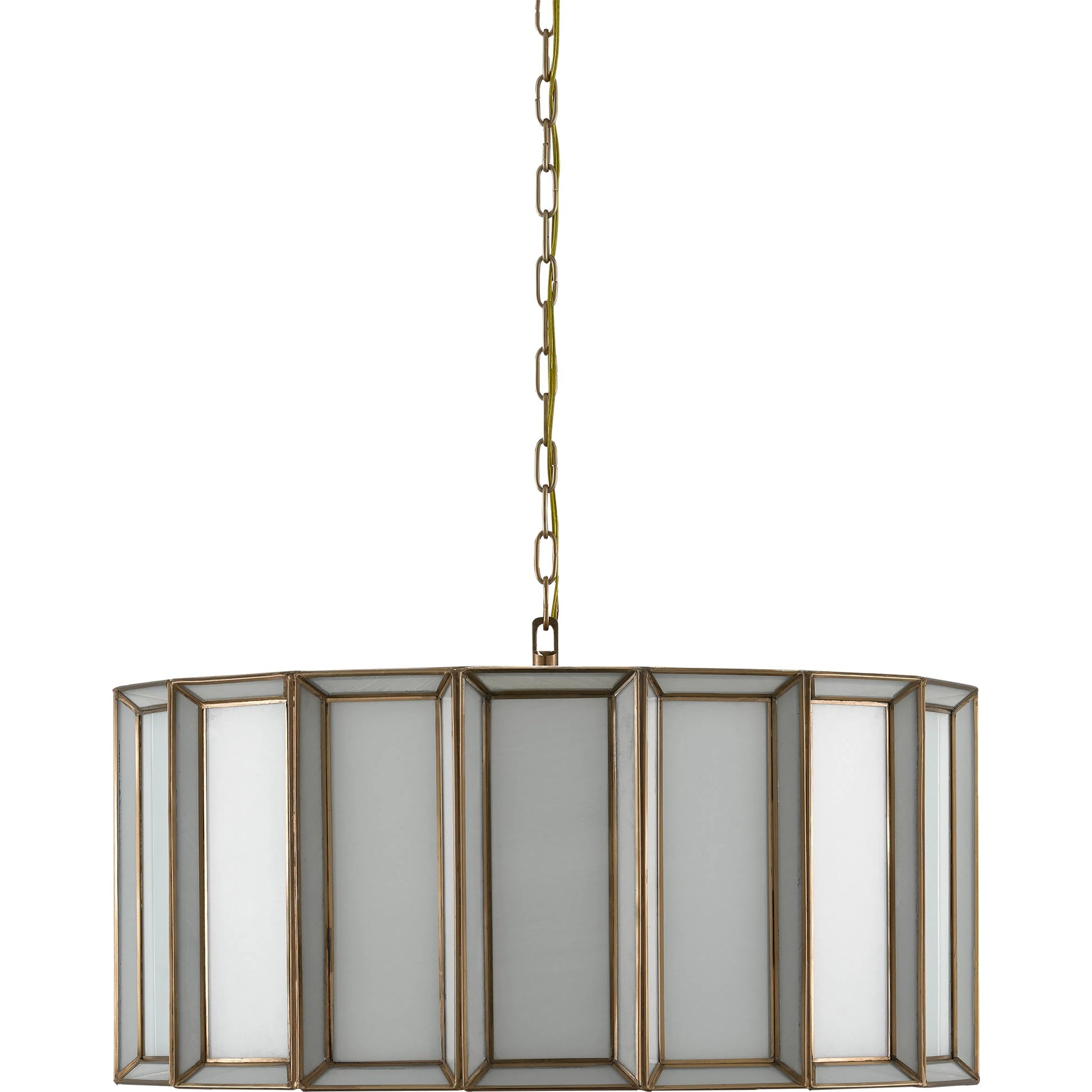 Daze Pendant by Currey and Company in antique brass, white. Made from brass, iron, milk glass in a modern style.