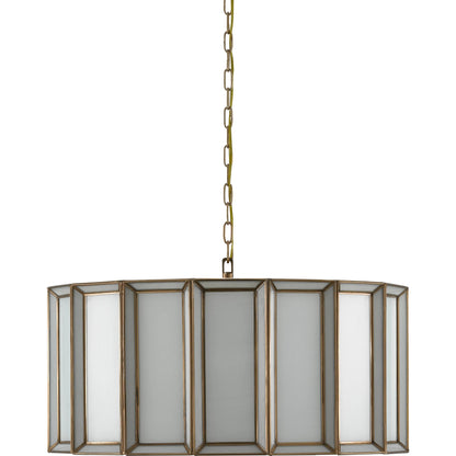 Daze Pendant by Currey and Company in antique brass, white. Made from brass, iron, milk glass in a modern style.