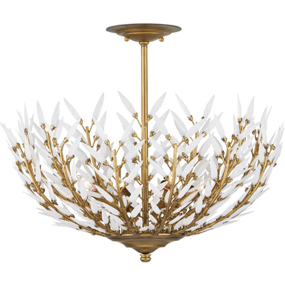 Magnum Opus Semi-Flush Mount by Currey and Company in brass, white. Made from wrought iron, glass in a modern style.