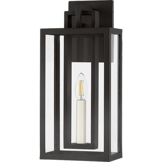 Amire Exterior Wall Sconce by Troy in textured black. Made from aluminum in a unique style.