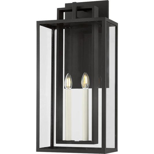 Amire Exterior Wall Sconce by Troy in textured black. Made from aluminum in a unique style.