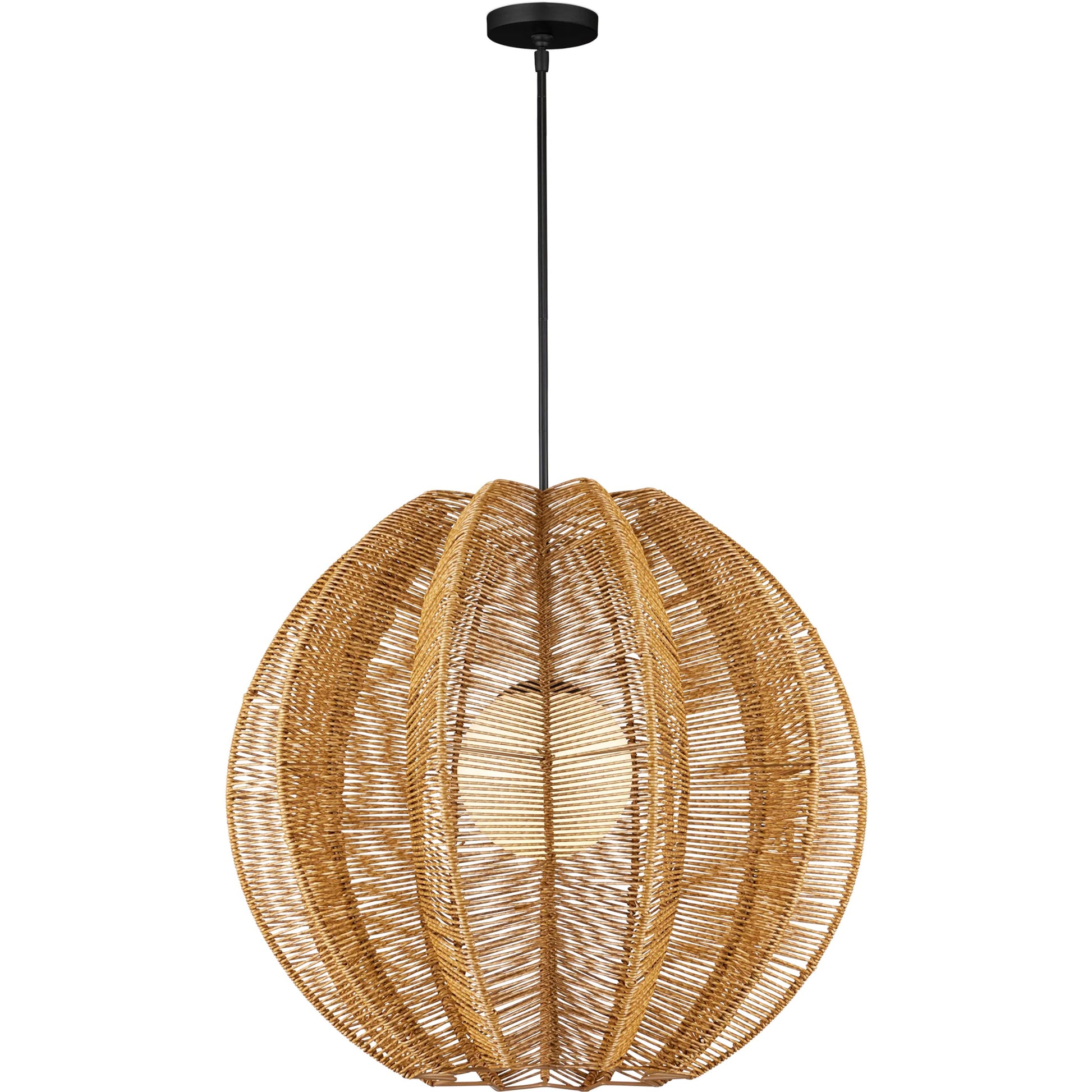 Barbary Fluted Outdoor Pendant by Currey and Company in natural, black, frosted white. Made from all-weather wicker, metal, glass in a rustic style.