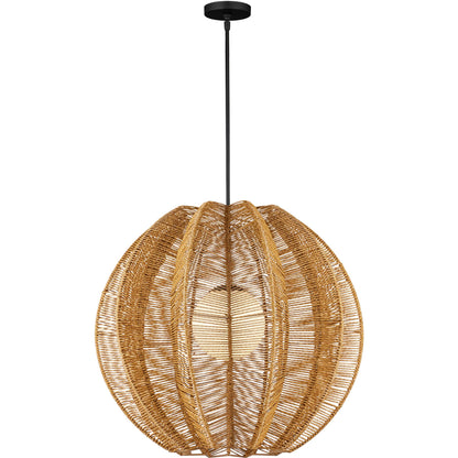 Barbary Fluted Outdoor Pendant by Currey and Company in natural, black, frosted white. Made from all-weather wicker, metal, glass in a rustic style.