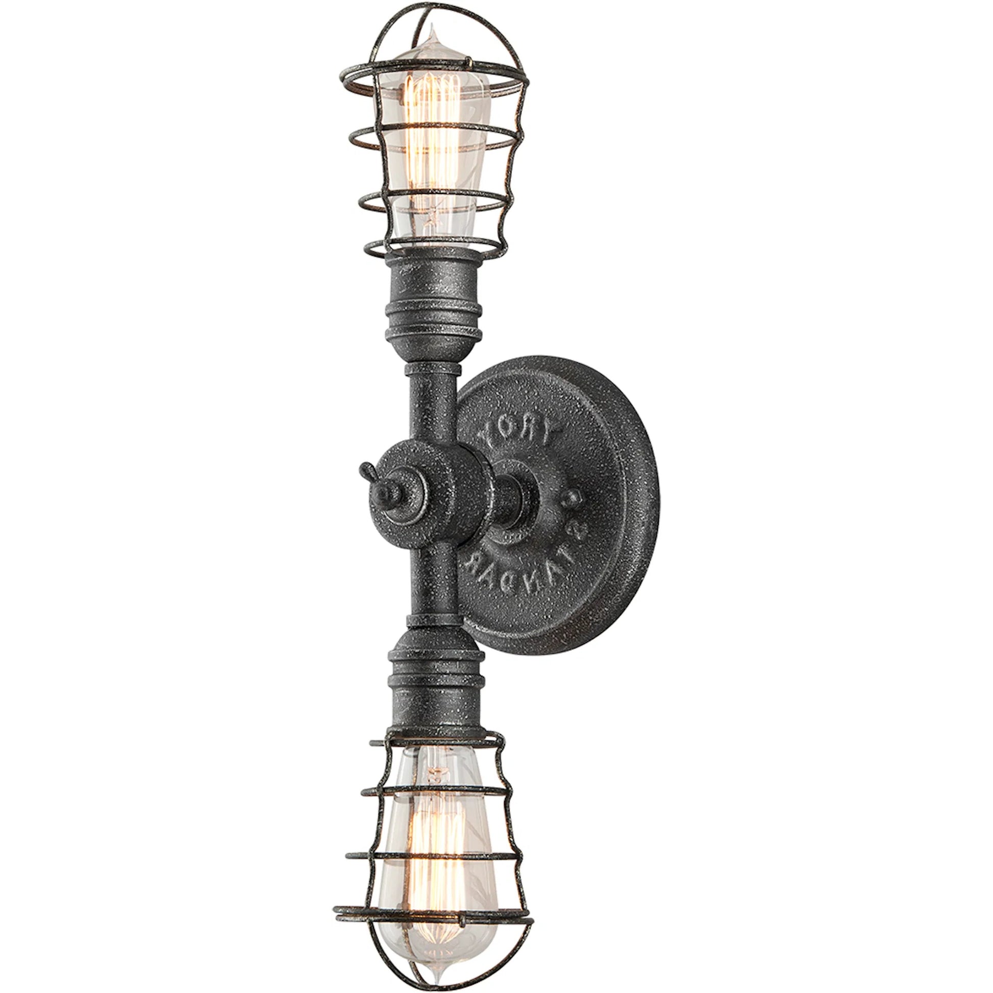 Conduit Wall Sconce by Troy in old silver. Made from hand worked iron in a modern style.