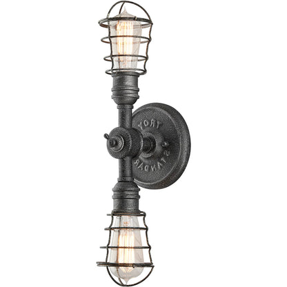 Conduit Wall Sconce by Troy in old silver. Made from hand worked iron in a modern style.