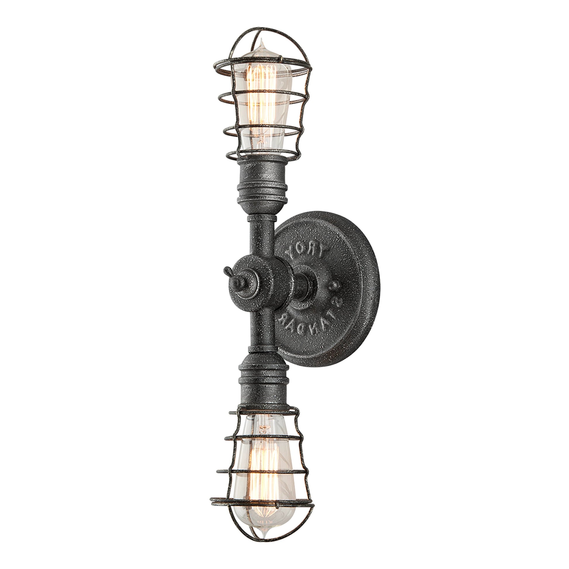 Conduit Wall Sconce by Troy in old silver. Made from hand worked iron in a modern style.
