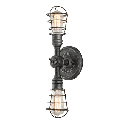 Conduit Wall Sconce by Troy in old silver. Made from hand worked iron in a modern style.