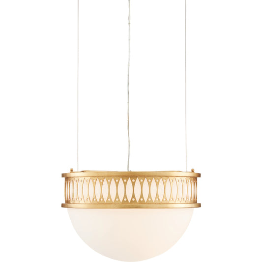 Lola Pendant by Currey and Company in contemporary gold leaf. Made from wrought iron, milk glass in a modern style.