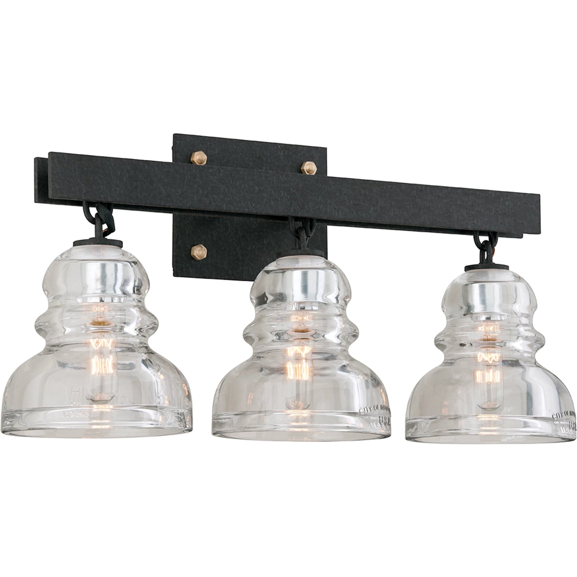 Menlo Park Bath Light by Troy. Made from hand worked iron in a modern style.