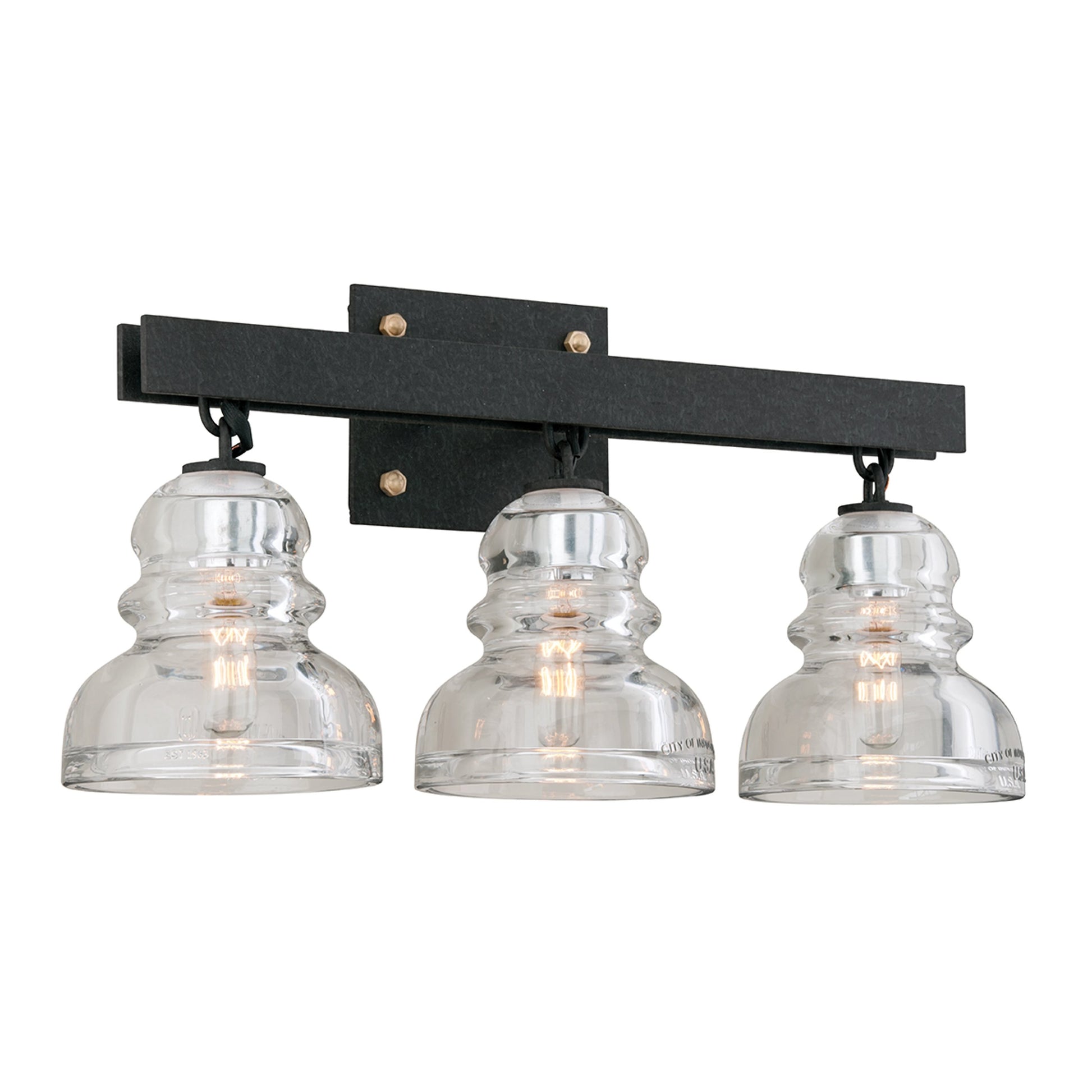 Menlo Park Bath Light by Troy. Made from hand worked iron in a modern style.