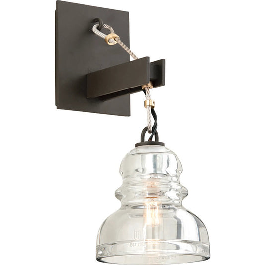 Menlo Park Wall Sconce by Troy in textured iron. Made from hand worked iron in a unique style.