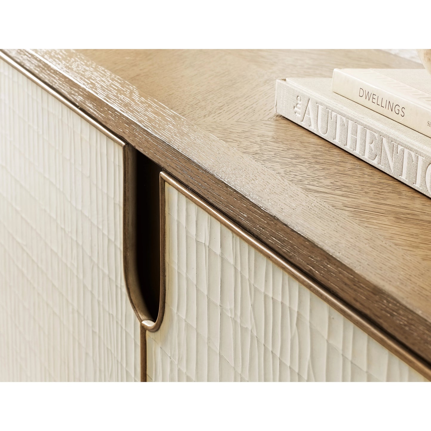 005 SI-2133606 | Closeup | Melange Arbor Credenza by Hooker Furniture in medium wood. Made from oak veneers, canvas crackle in a modern style.