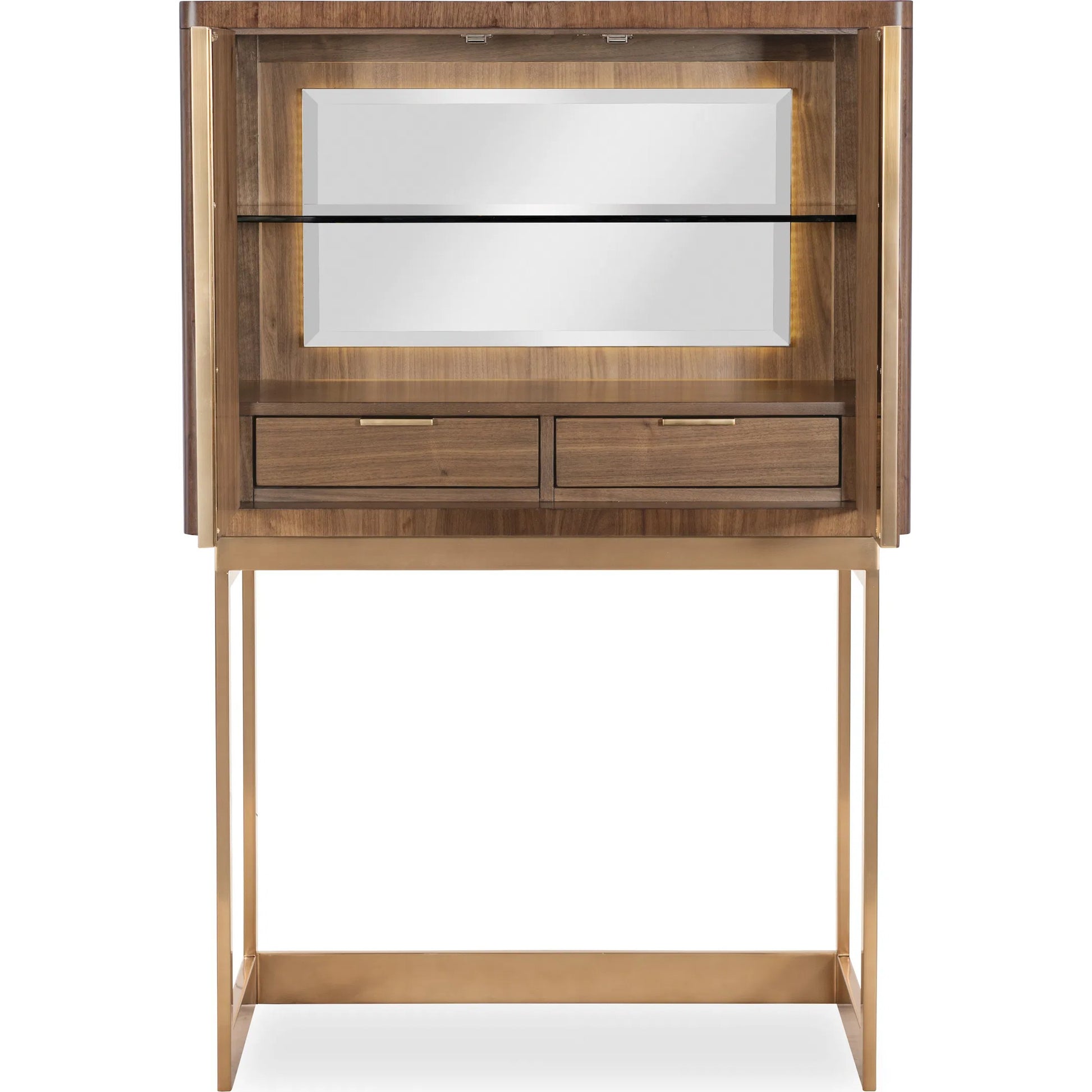 Eleana Bar on Stand by Hooker Furniture in light caramel, sunlit bronze metal. Made from walnut veneers, mirror, metal in a traditional style.