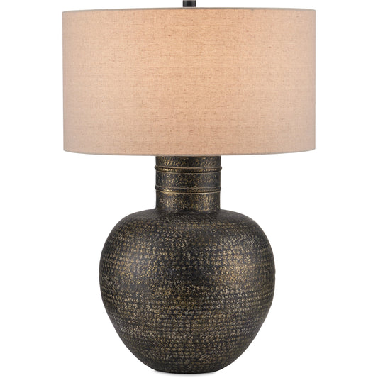 Braille Table Lamp by Currey and Company in antique brass. Made from aluminum in a modern style.