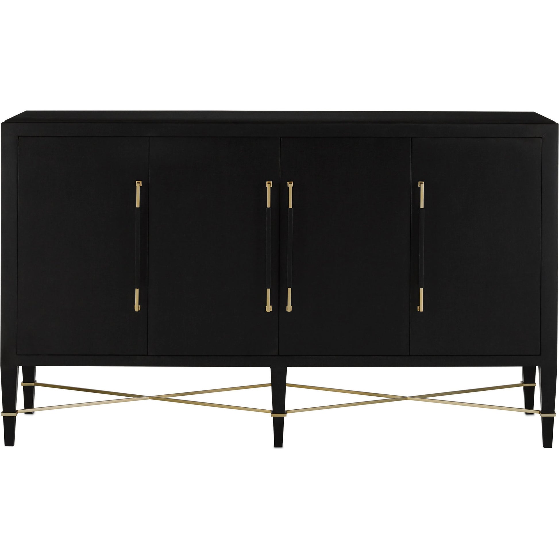 Verona Sideboard by Currey and Company in black lacquered linen, champagne stretchers, linen wrapped cha. Made from solid wood, engineered hardwood in a transitional style.
