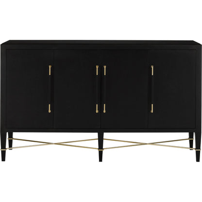 Verona Sideboard by Currey and Company in black lacquered linen, champagne stretchers, linen wrapped cha. Made from solid wood, engineered hardwood in a transitional style.