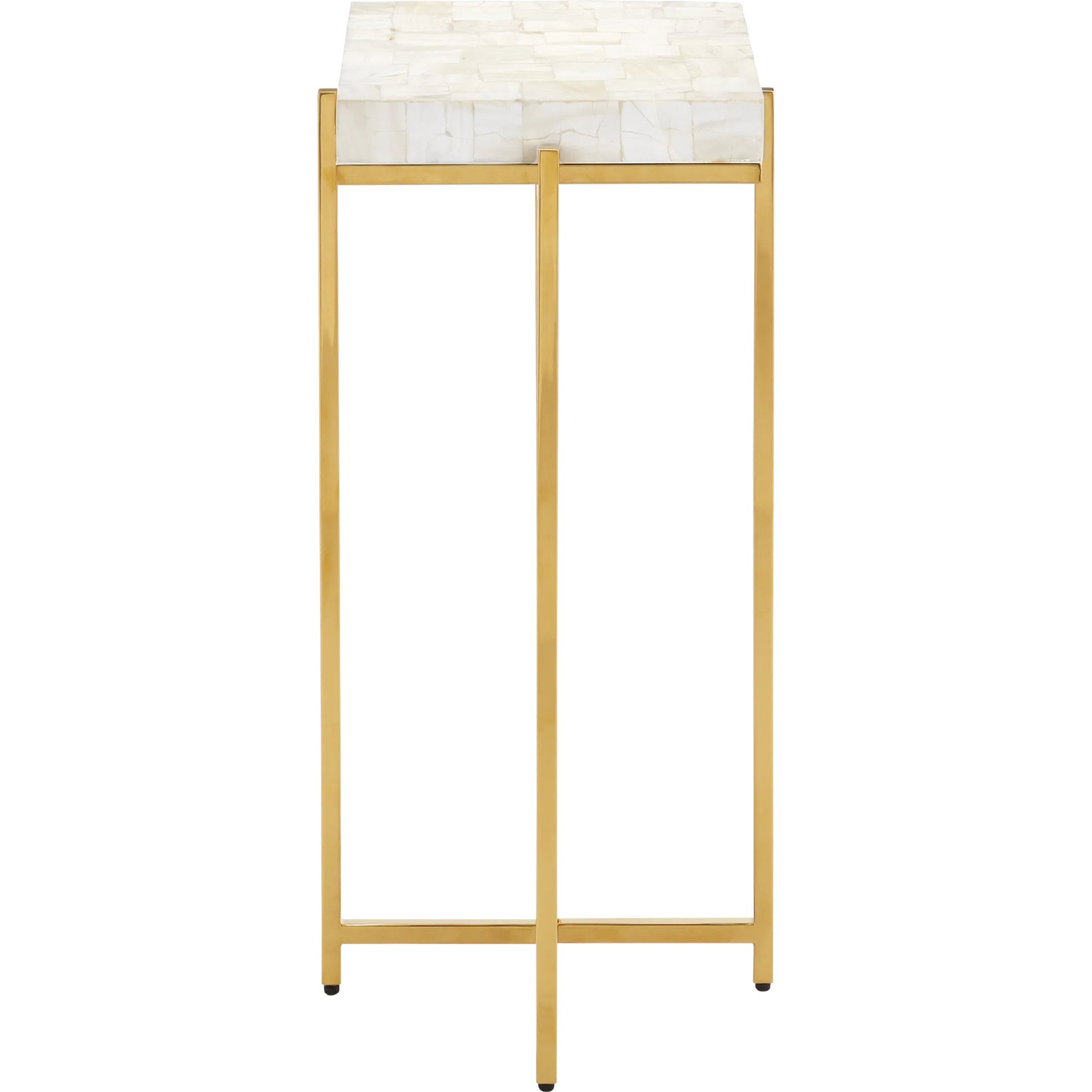 Casey Mother of Pearl Accent Table by Currey and Company in natural, brass. Made from mother of pearl, stainless steel, engineered wood in a modern style.