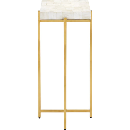 Casey Mother of Pearl Accent Table by Currey and Company in natural, brass. Made from mother of pearl, stainless steel, engineered wood in a modern style.