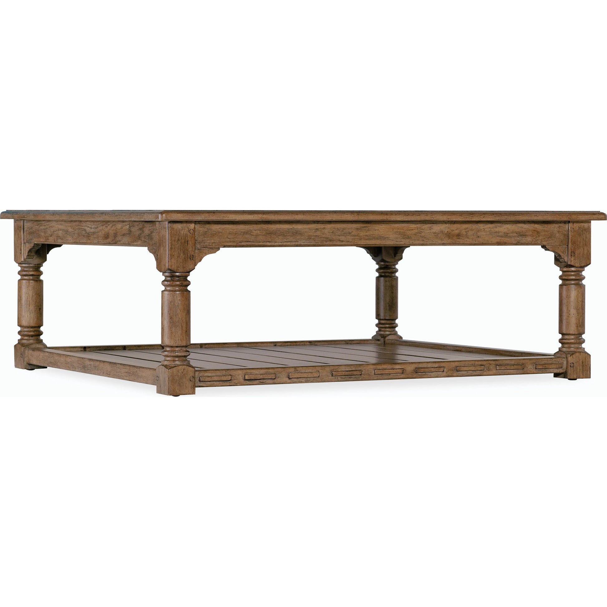 Americana Cocktail Table by Hooker Furniture in brown and honey finish. Made from oak veneers with solid-wood edge top in a modern style.