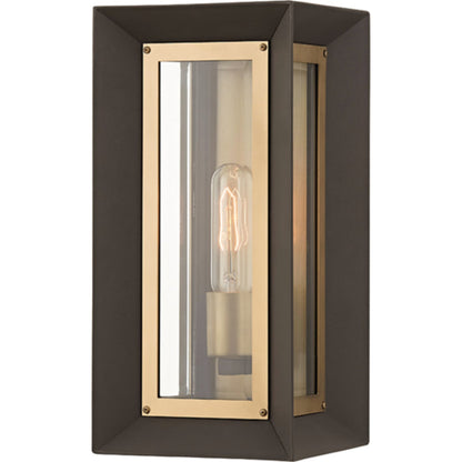 Lowry Exterior Wall Sconce by Troy in textured bronze, patina brass. Made from aluminum in a modern style.