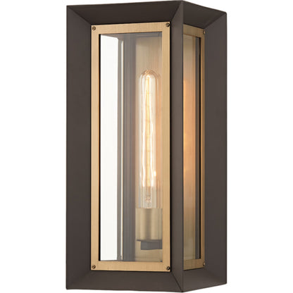 Lowry Exterior Wall Sconce by Troy in textured bronze, patina brass. Made from aluminum in a modern style.
