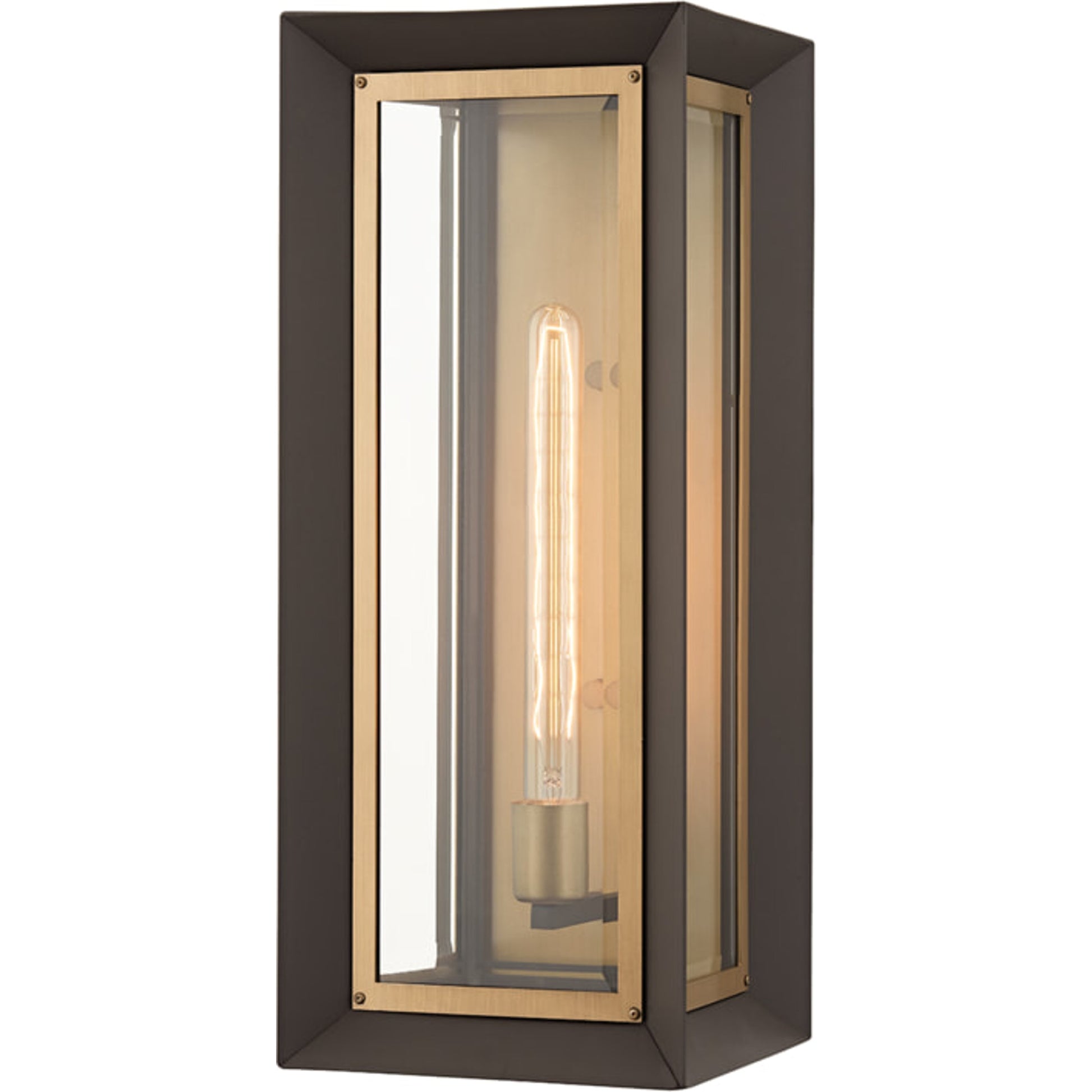 Lowry Exterior Wall Sconce by Troy in textured bronze, patina brass. Made from aluminum in a modern style.