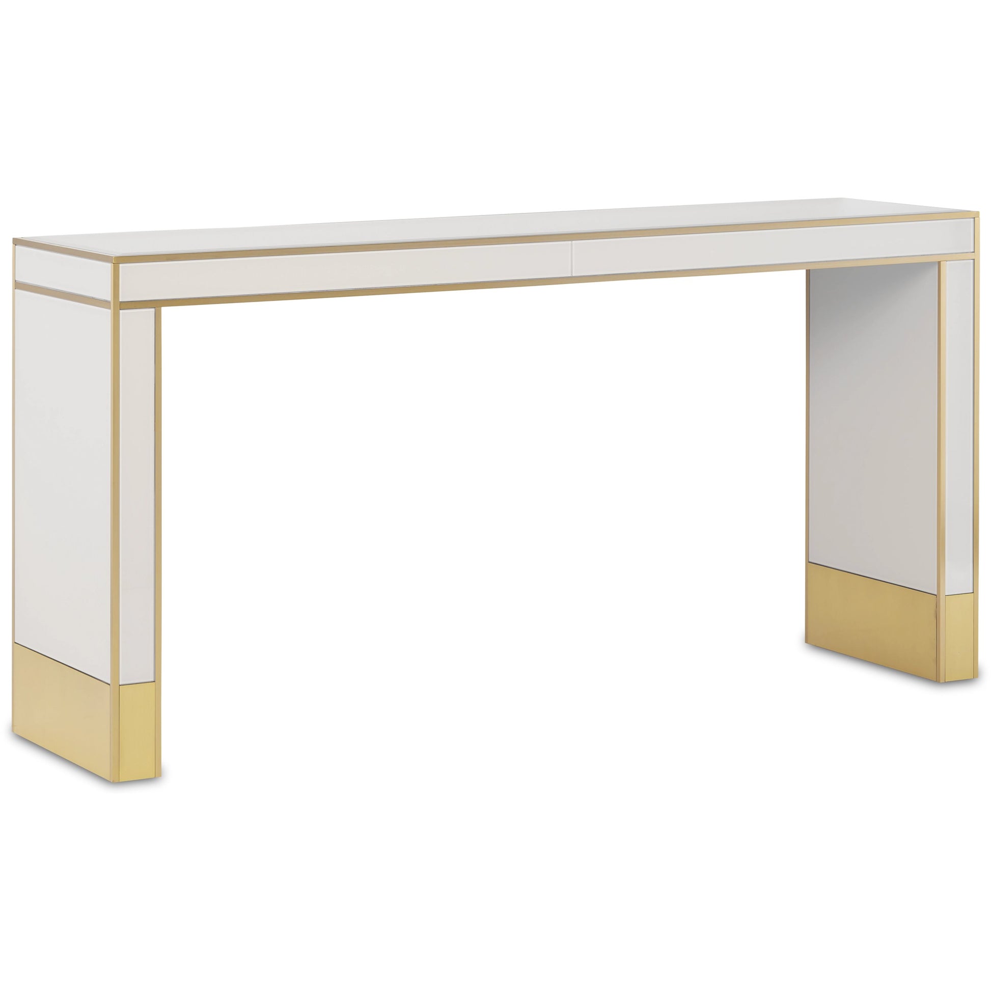 Arden Console Table by Currey and Company in ivory, satin brass. Made from reverse painted glass, brass, solid hardwood in a modern style.