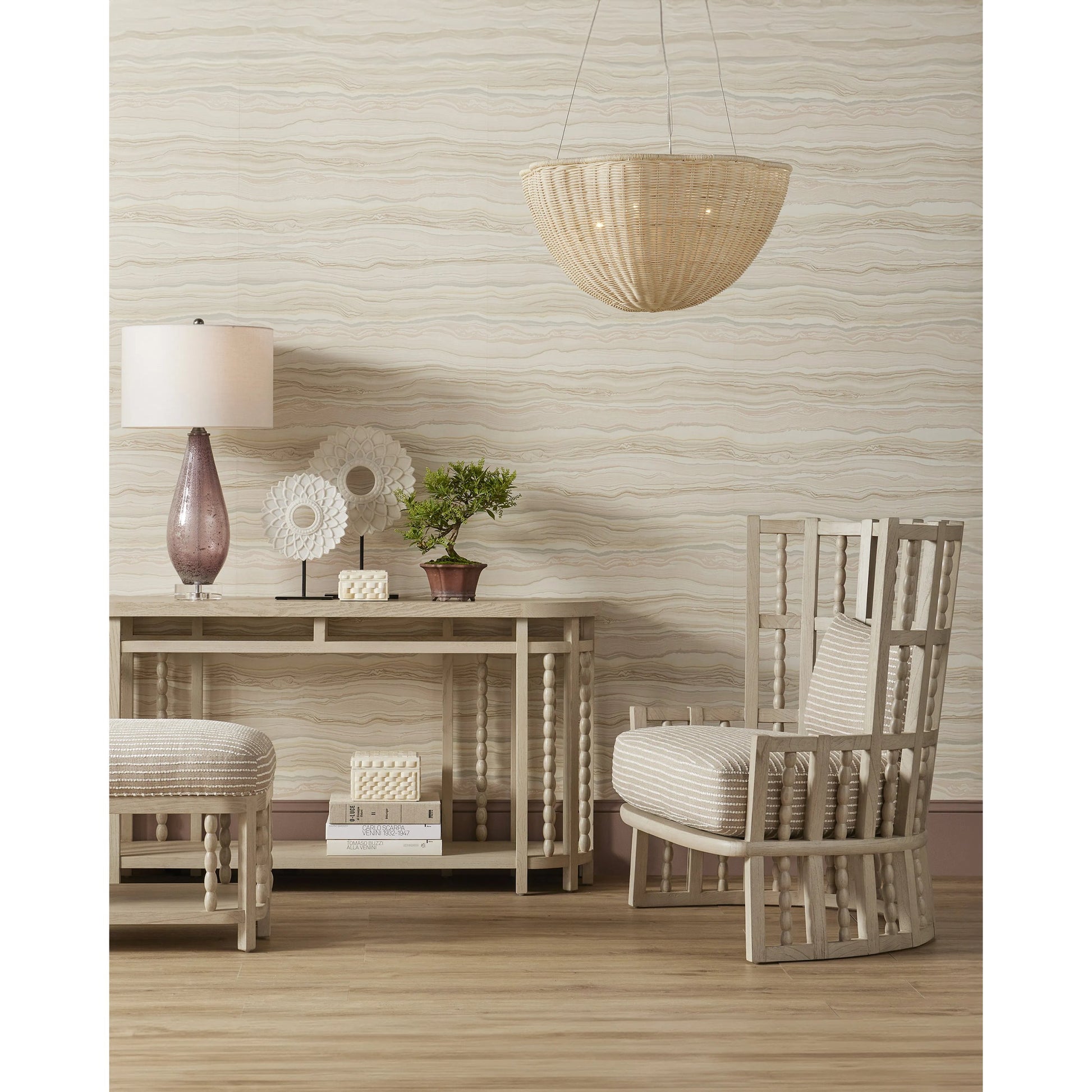 Telos Pendant by Currey and Company in bleached natural, vanilla. Made from rattan, wrought iron in a coastal style.