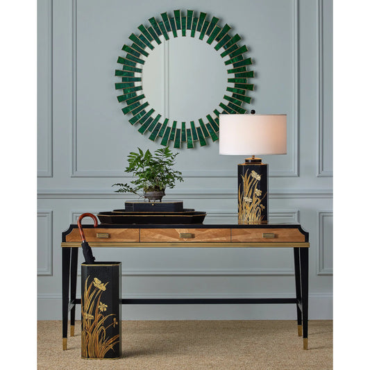 Glasdele Emerald Mirror by Currey and Company in green, antique brass. Made from glass, brass, iron, engineered wood in a eclectic & global style.