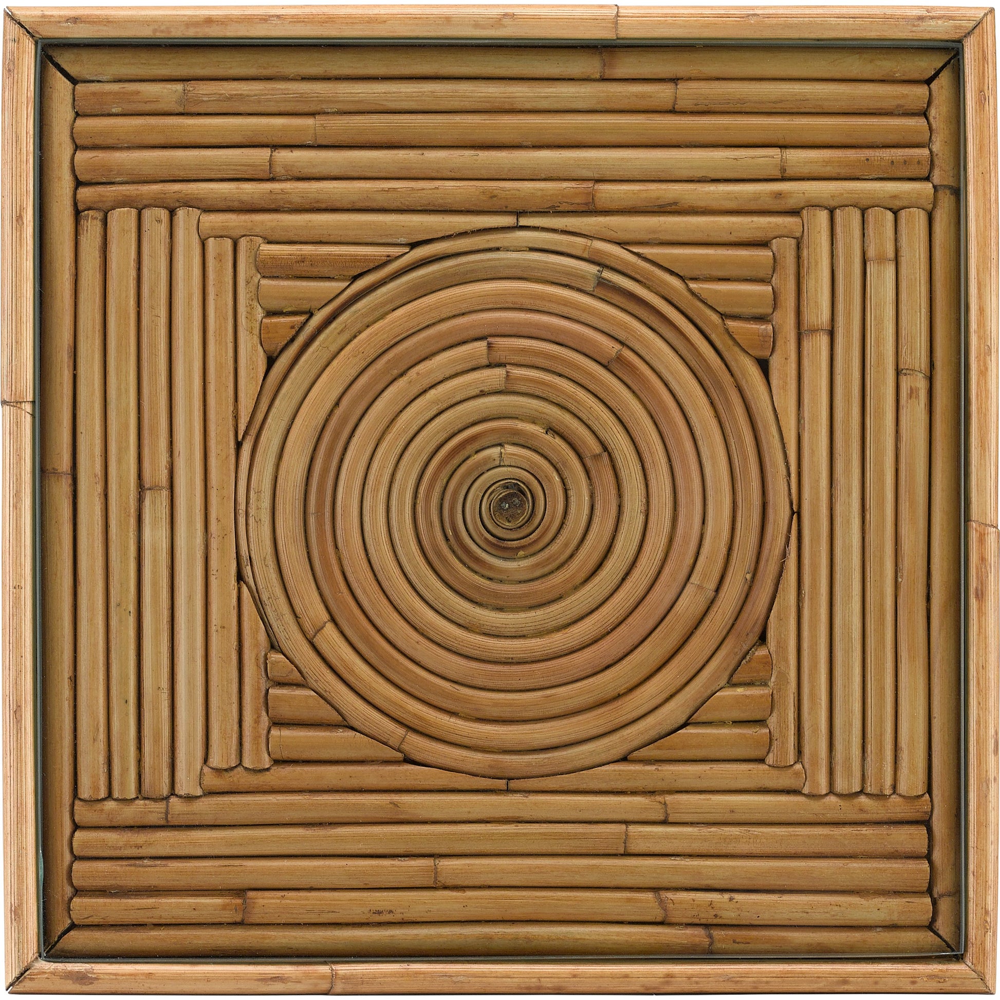 Silang Drinks Table by Currey and Company in natural rattan, clear. Made from rattan, wrought iron, glass in a transitional style.