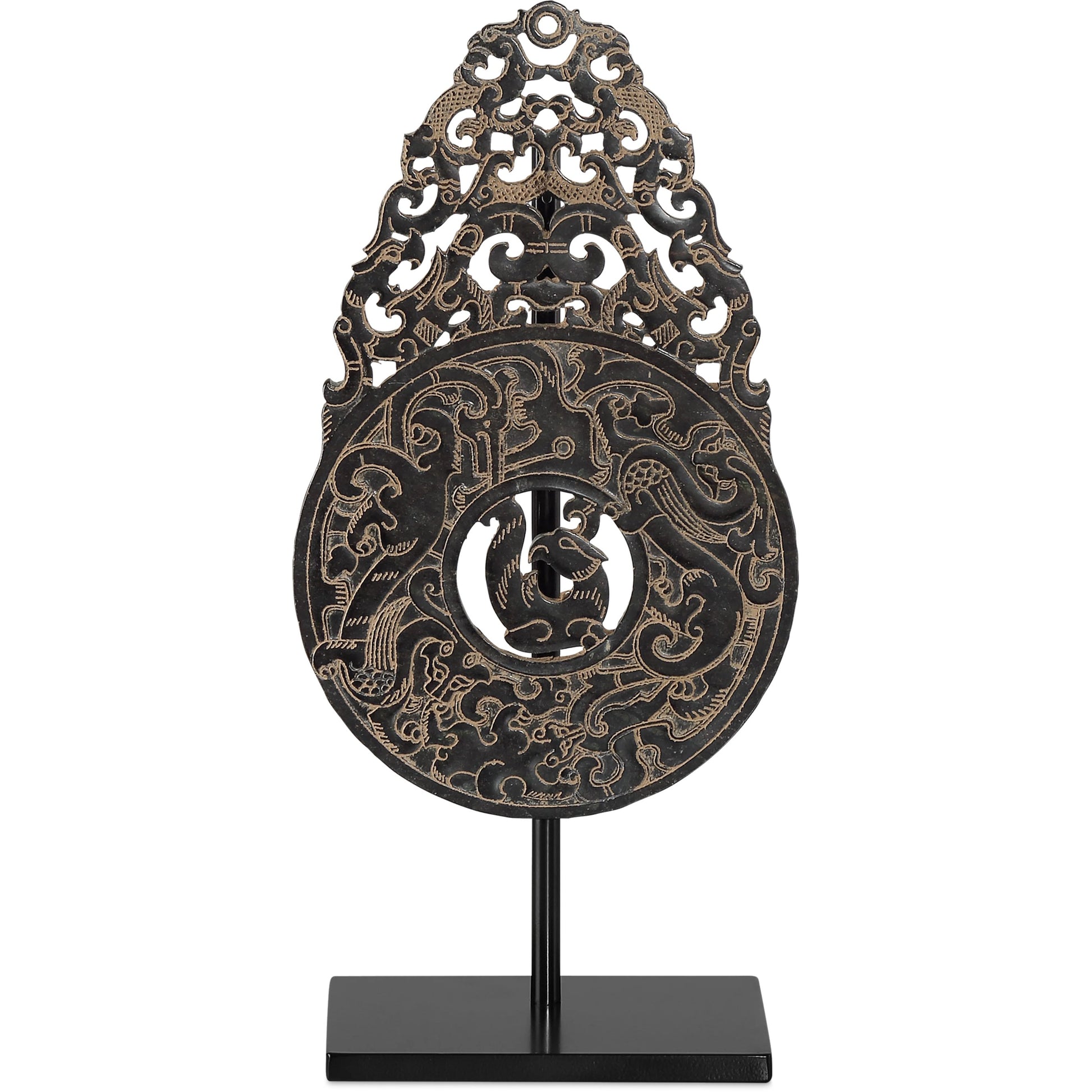 Han Dynasty Jade Symbol by Currey and Company in bronze, black. Made from stoneware, metal in a eclectic & global style.