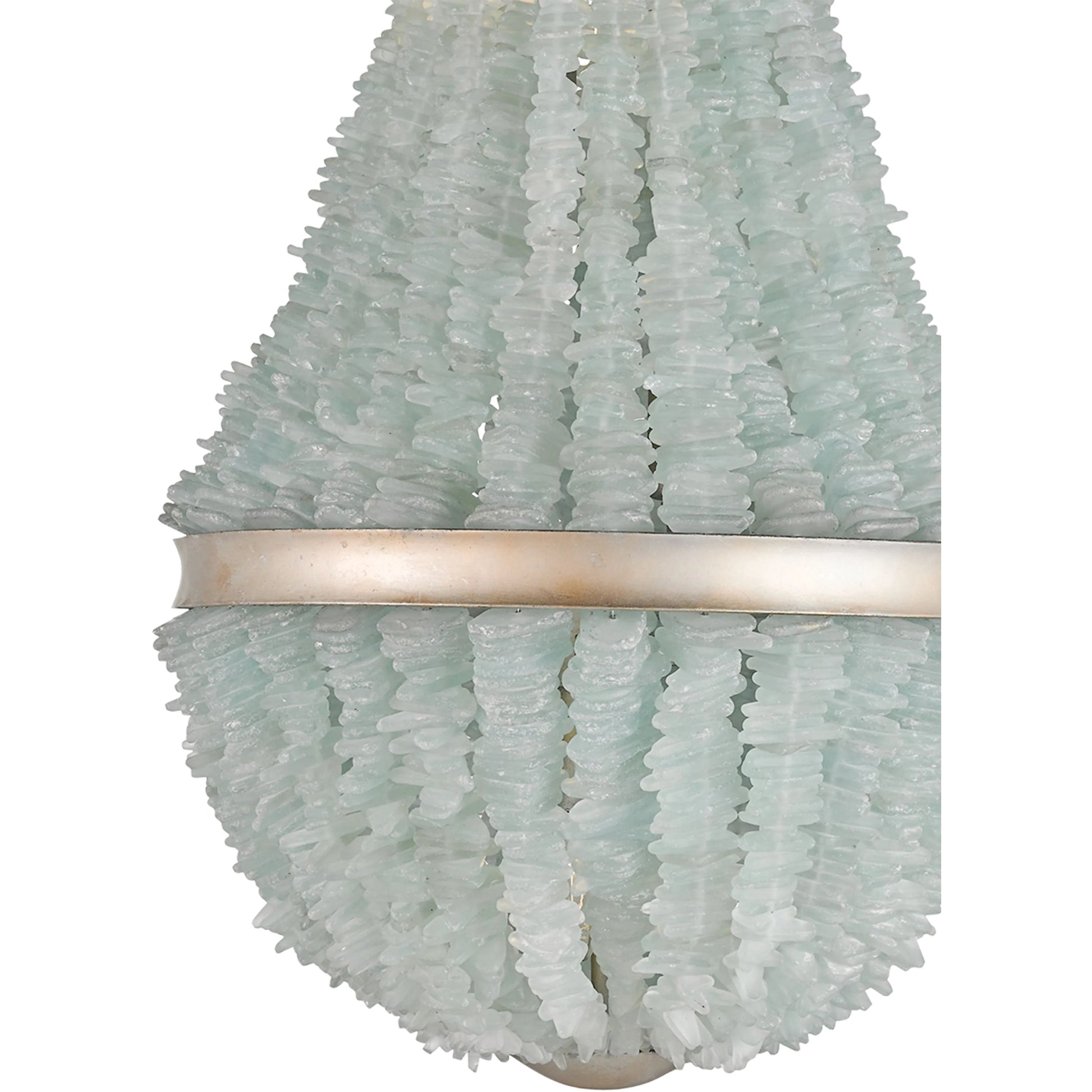 Platea Chandelier by Currey and Company in contemporary silver leaf, seaglass. Made from wrought iron, glass in a coastal style.