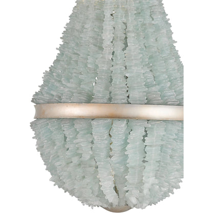 Platea Chandelier by Currey and Company in contemporary silver leaf, seaglass. Made from wrought iron, glass in a coastal style.
