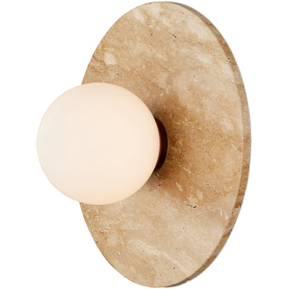 Apricity Wall Sconce by Currey and Company in beige, antique brass, frosted white. Made from travertine, metal, glass in a modern style.