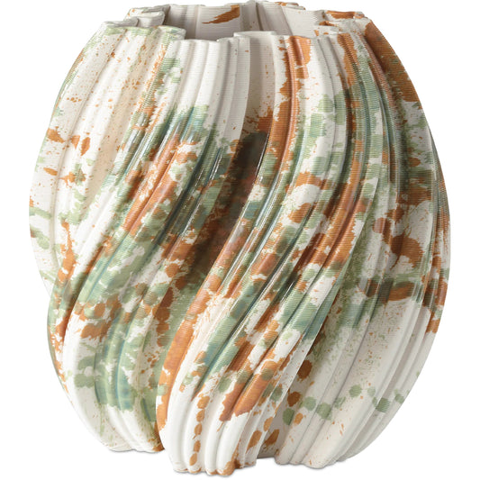 Camouflage Vase by Currey and Company in green, brown, off-white. Made from porcelain in a unique style.