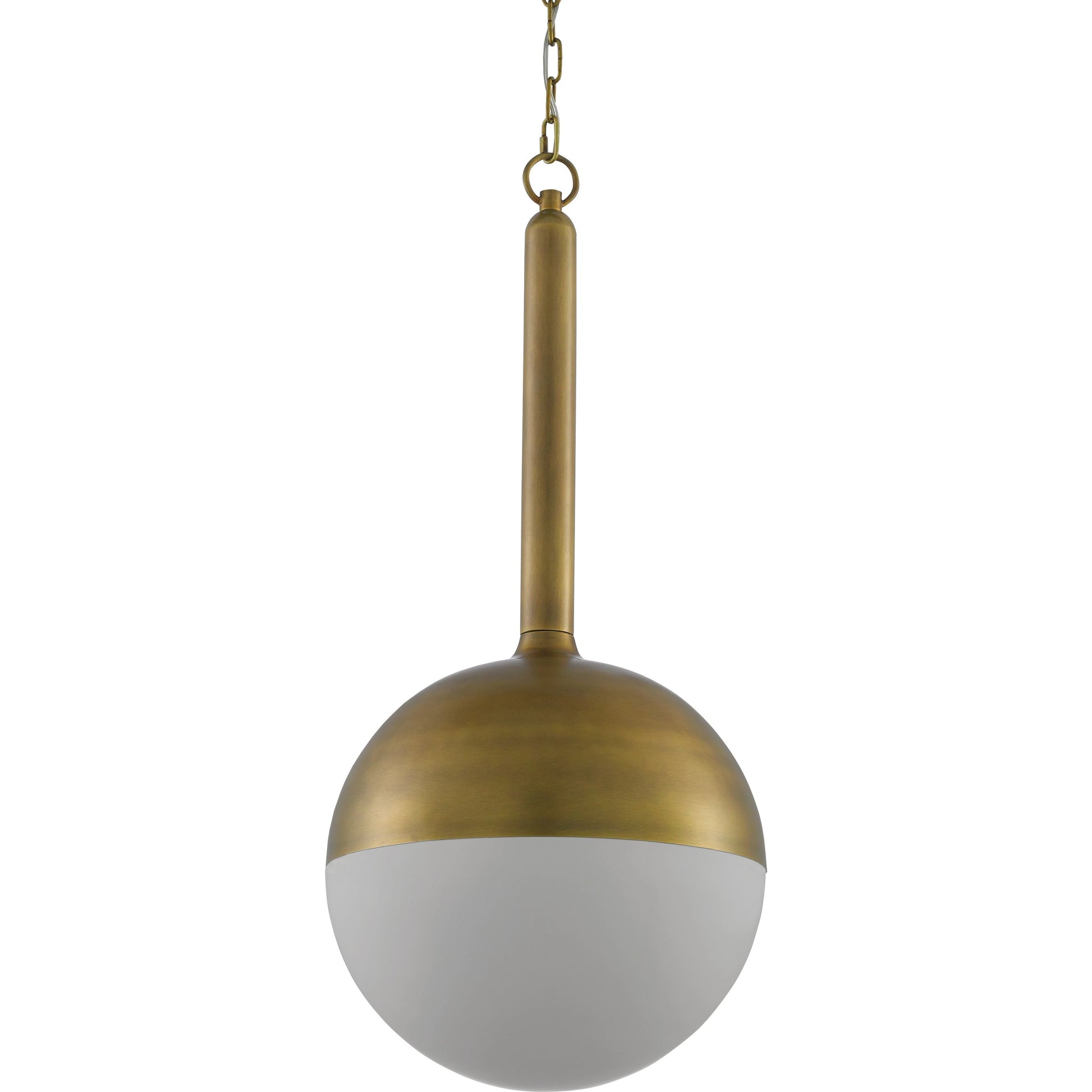 Moonward Pendant by Currey and Company in antique brass, opaque white. Made from metal, glass in a modern style.