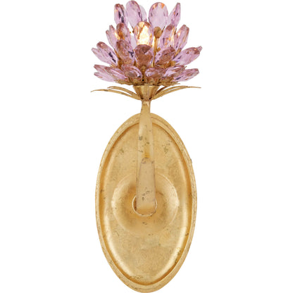 Marilee Single-Light Wall Sconce by Currey and Company in pink, dutch gold leaf. Made from crystal, wrought iron in a eclectic & global style.