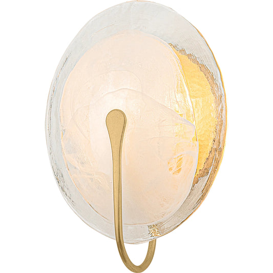 Valley Wall Sconce by Troy in vintage gold leaf. Made from clear textured glass, glass in a unique style.