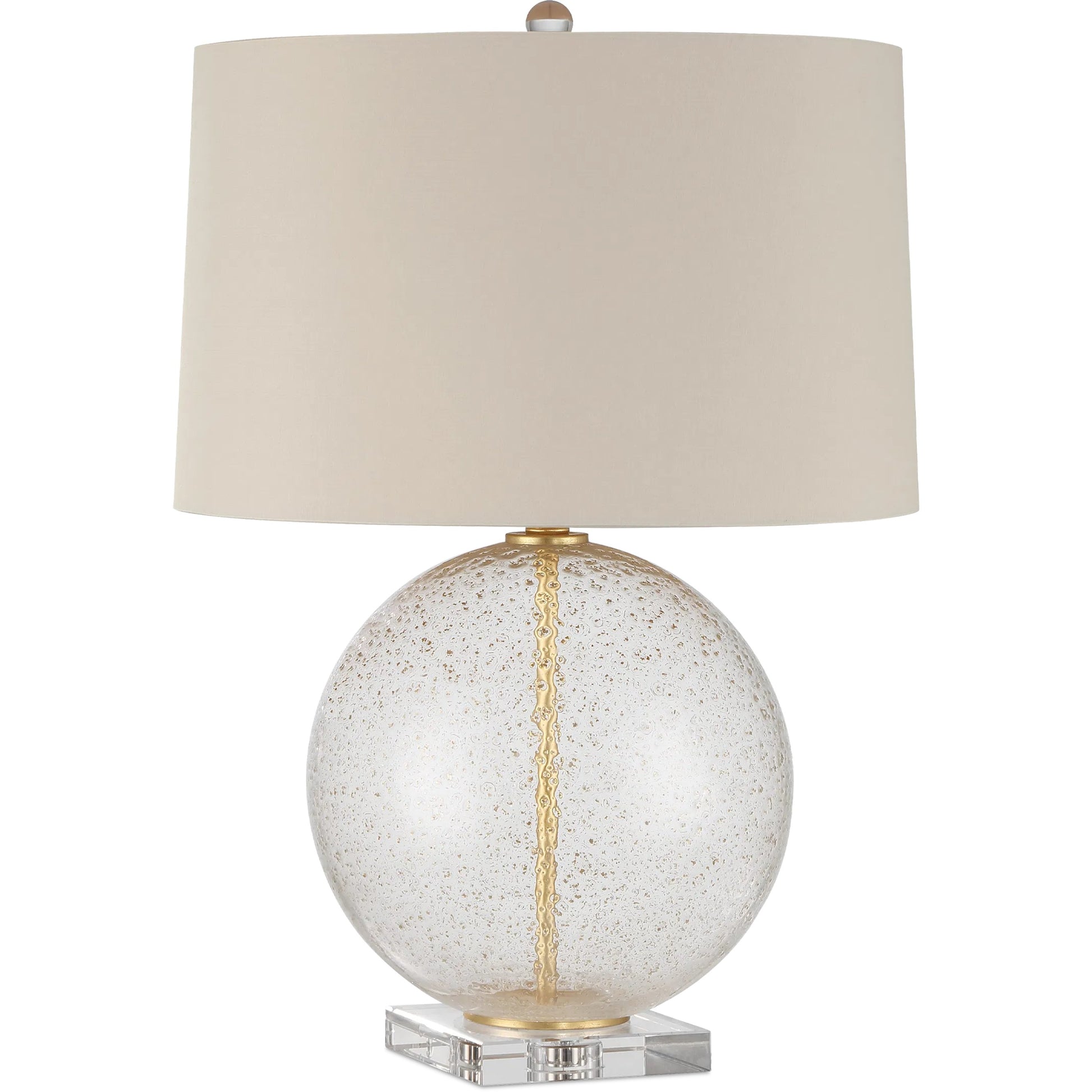 Zebulon Round Table Lamp by Currey and Company in clear with gold speckles, contemporary gold leaf. Made from glass, optic crystal, meta in a modern style.