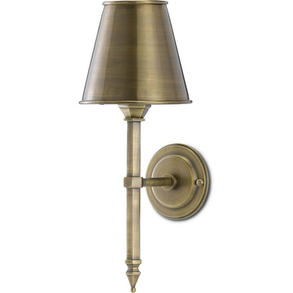Wollaton Wall Sconce by Currey and Company in light moroccan antique brass. Made from brass in a traditional style.