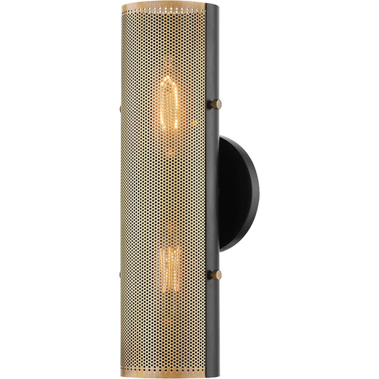 Mikka Wall Sconce by Troy in patina brass, soft black. Made from steel in a modern style.