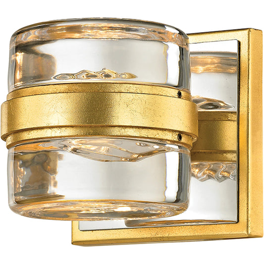 Splash Vanity Sconce by Troy in gold leaf. Made from hand worked iron in a modern style.