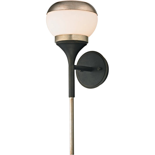 Alchemy Wall Sconce by Troy in vintage bronze champagne sil. Made from hand worked iron in a modern style.