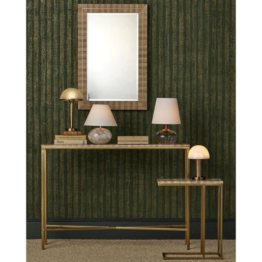 Dezi Console Table by Currey and Company in natural, brass. Made from travertine, brass, iron in a unique style.
