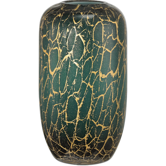 Vitry Vase by Currey and Company in green, gold. Made from glass, gold powder in a unique style.