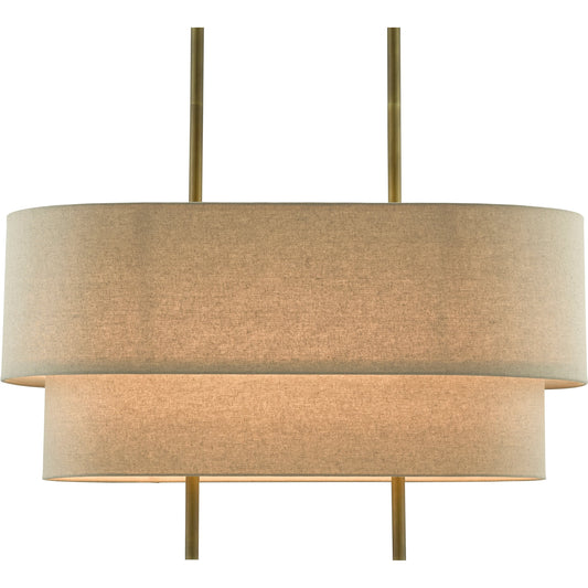 Combermere Rectangular Chandelier by Currey and Company in antique brass, linen. Made from metal, fabric in a modern style.