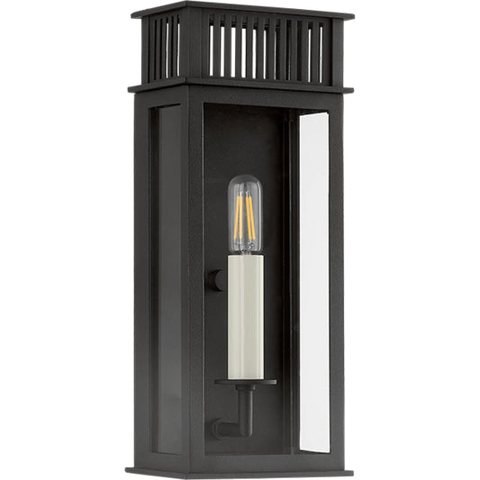 Gridley Exterior Wall Sconce by Troy in textured black. Made from aluminum in a unique style.