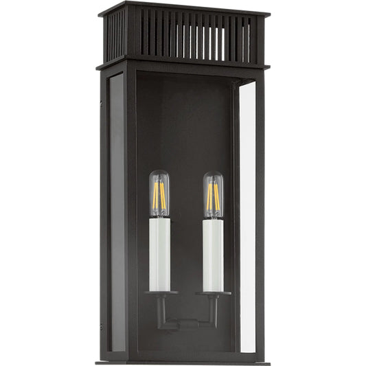 Gridley Exterior Wall Sconce by Troy in textured black. Made from aluminum in a unique style.